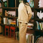 yellow plaid cotton straight leg wide pant