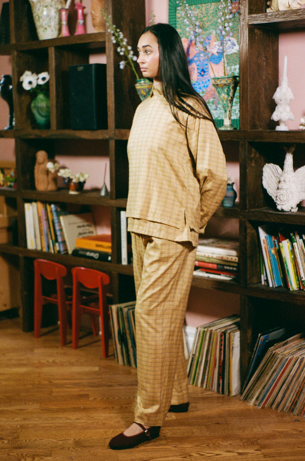 yellow plaid cotton straight leg wide pant