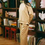 yellow plaid cotton straight leg wide pant