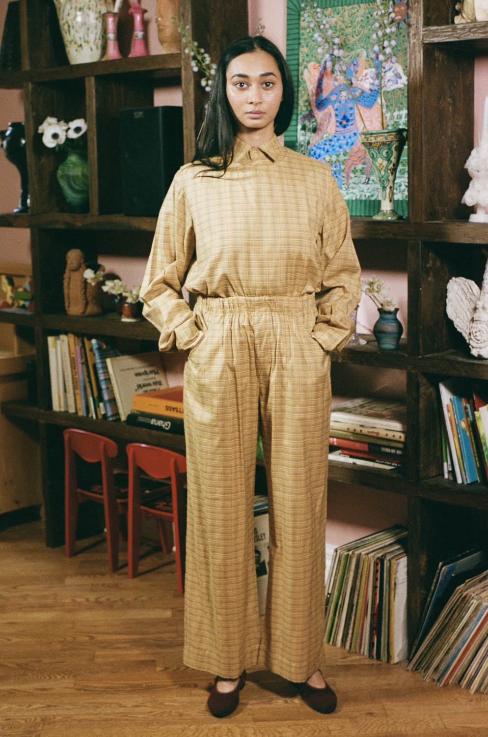 yellow plaid cotton straight leg wide pant