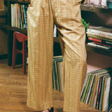 yellow plaid cotton straight leg wide pant