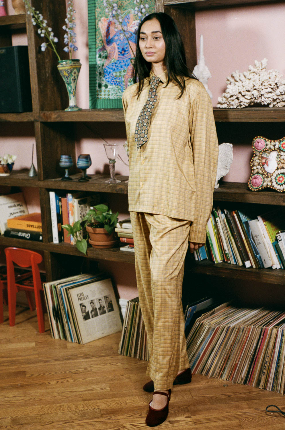 yellow plaid cotton straight leg wide pant