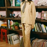 yellow plaid cotton straight leg wide pant