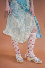 Load image into Gallery viewer, white cotton crochet red mirrorwork stockings