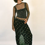 black cotton mirrorwork beaded bell midi skirt