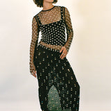 black cotton mirrorwork beaded bell midi skirt