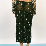 black cotton mirrorwork beaded bell midi skirt