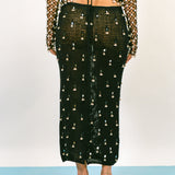 black cotton mirrorwork beaded bell midi skirt