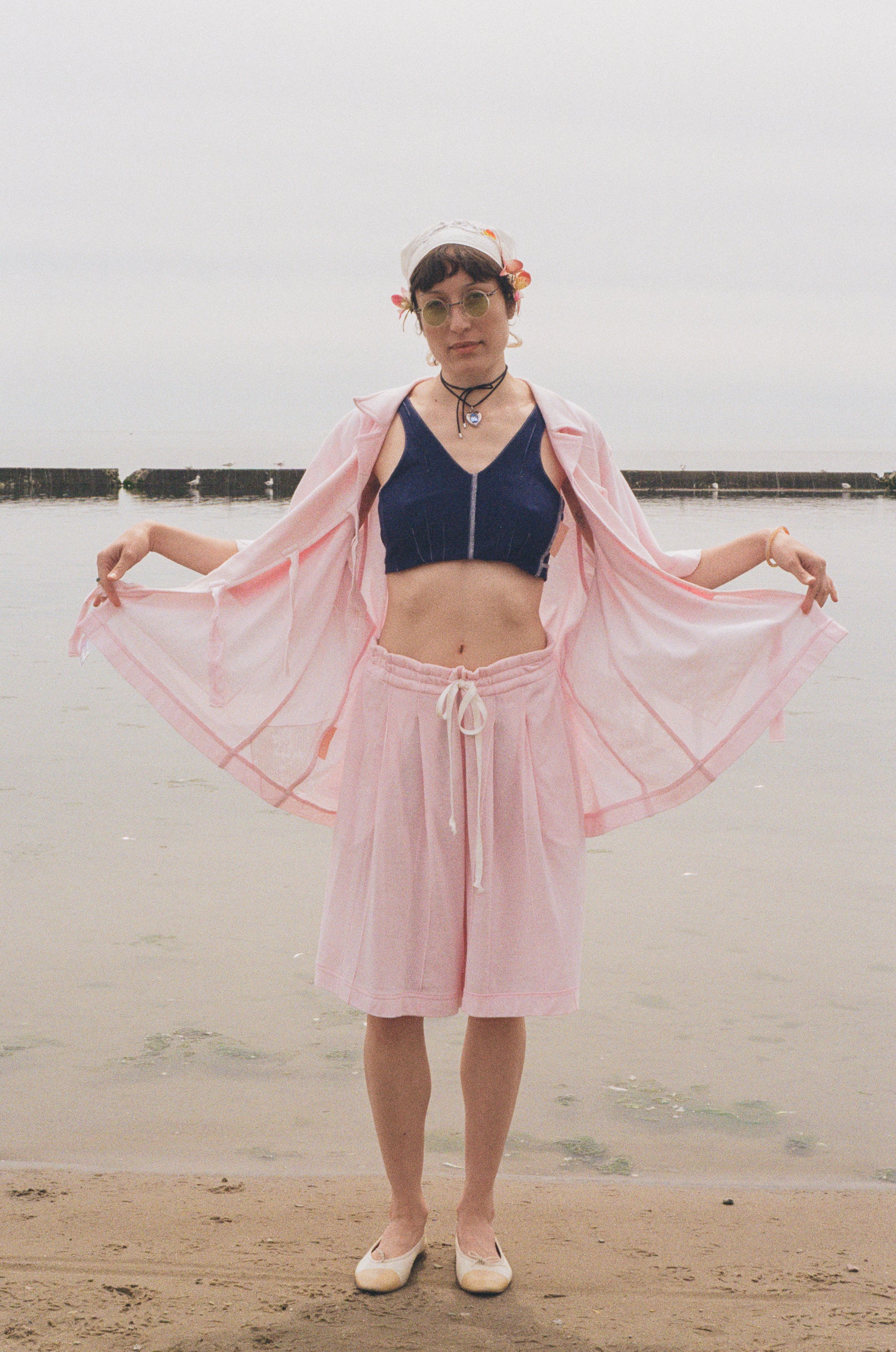 pink jersey pique roomy bowling tie up shirt