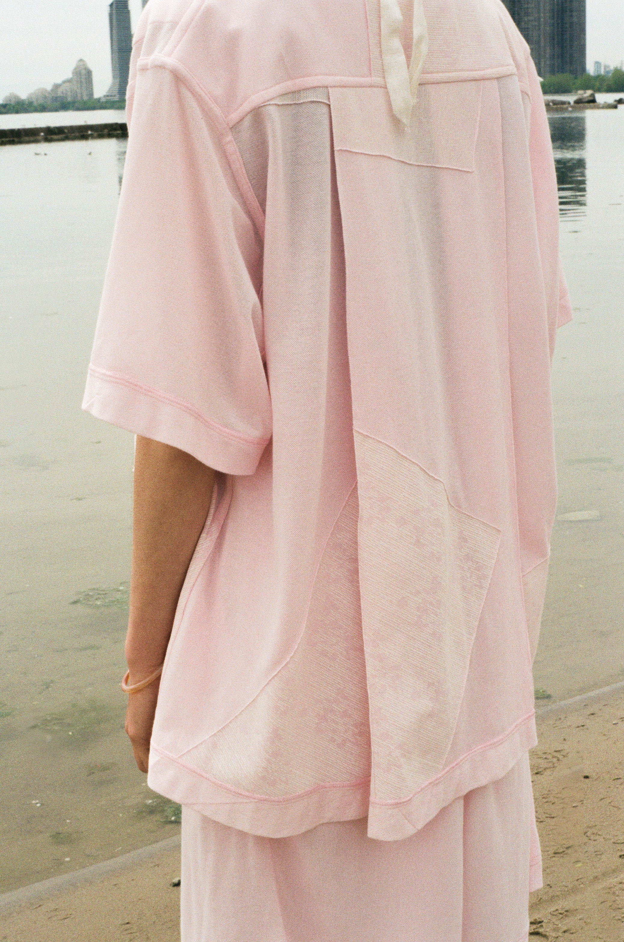 pink jersey pique roomy bowling tie up shirt