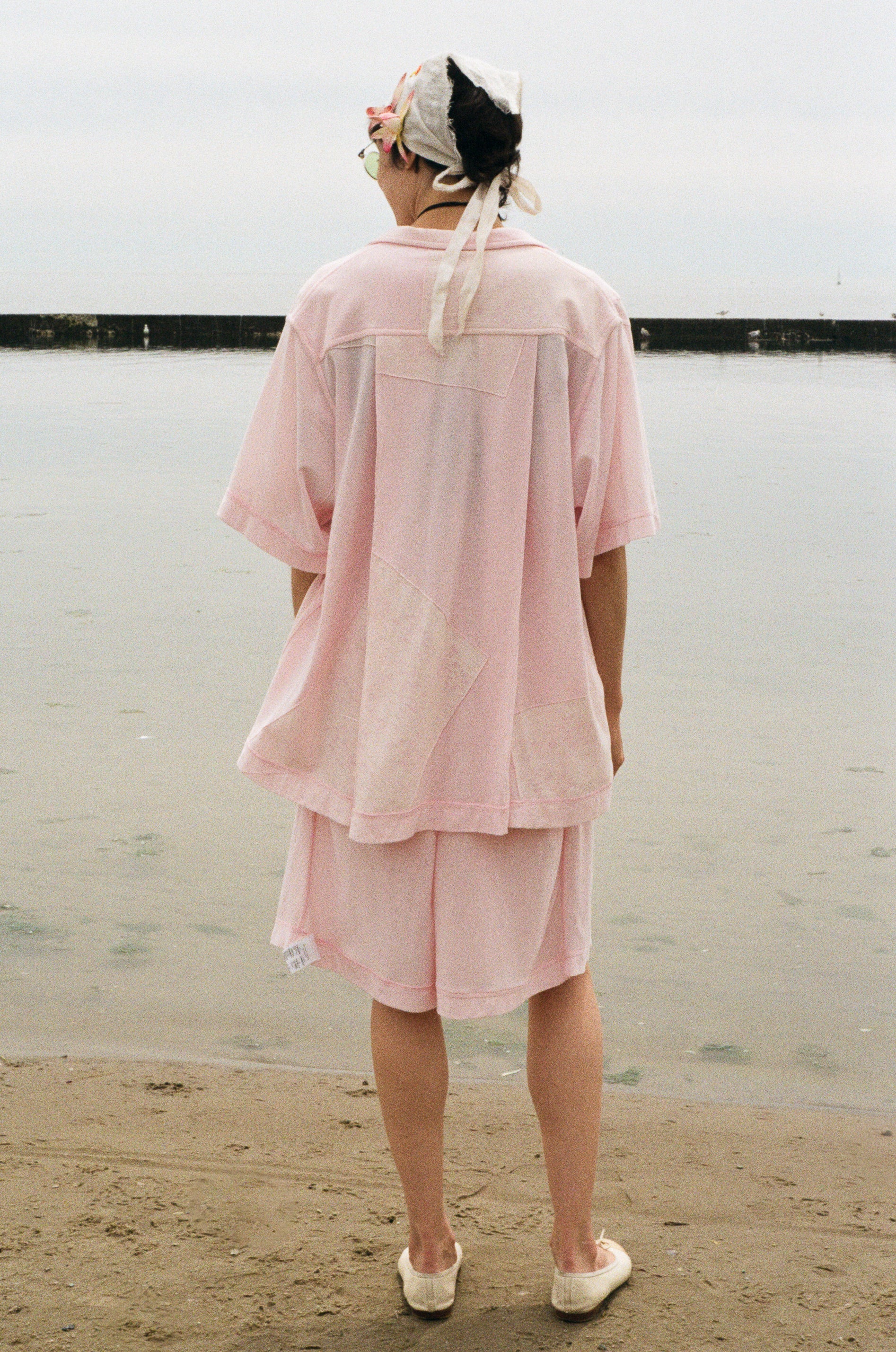 pink jersey pique roomy bowling tie up shirt