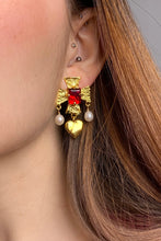 Load image into Gallery viewer, plated brass cross earrings with heart pearl drop