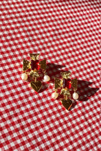 Load image into Gallery viewer, plated brass cross earrings with heart pearl drop