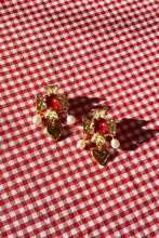 Load image into Gallery viewer, plated brass cross earrings with heart pearl drop