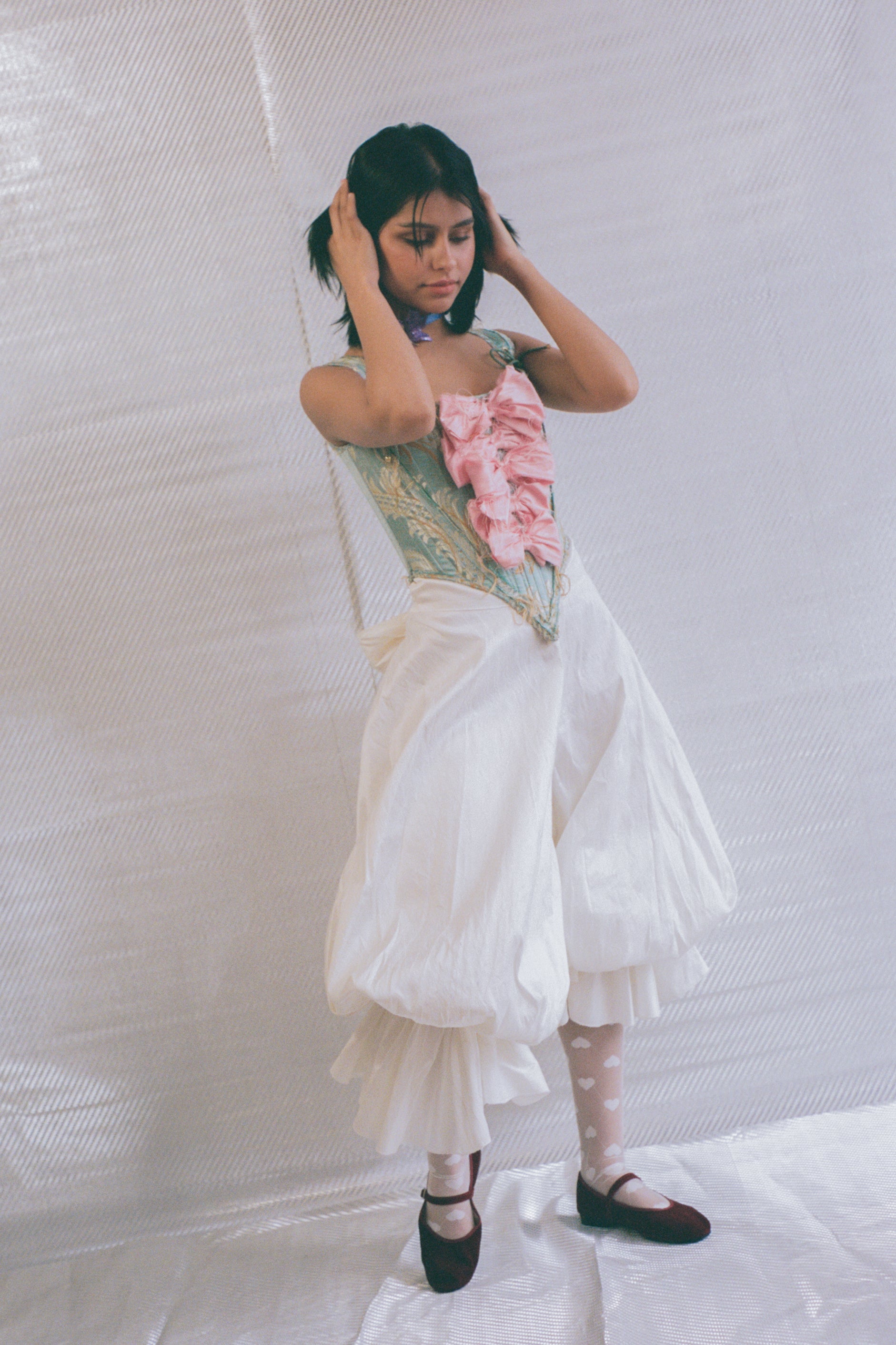 italian brocade pink silk bow romantic corset