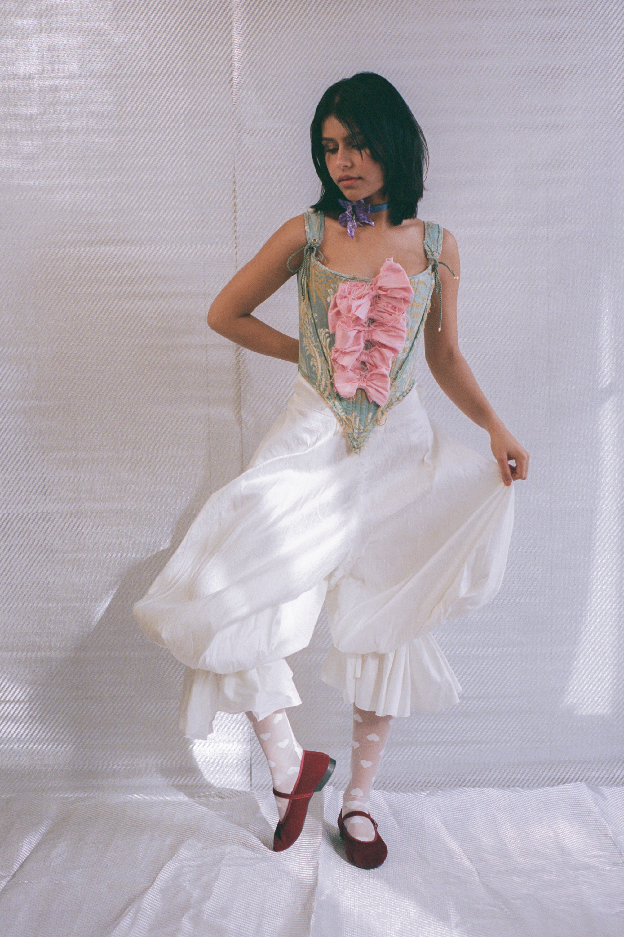 italian brocade pink silk bow romantic corset