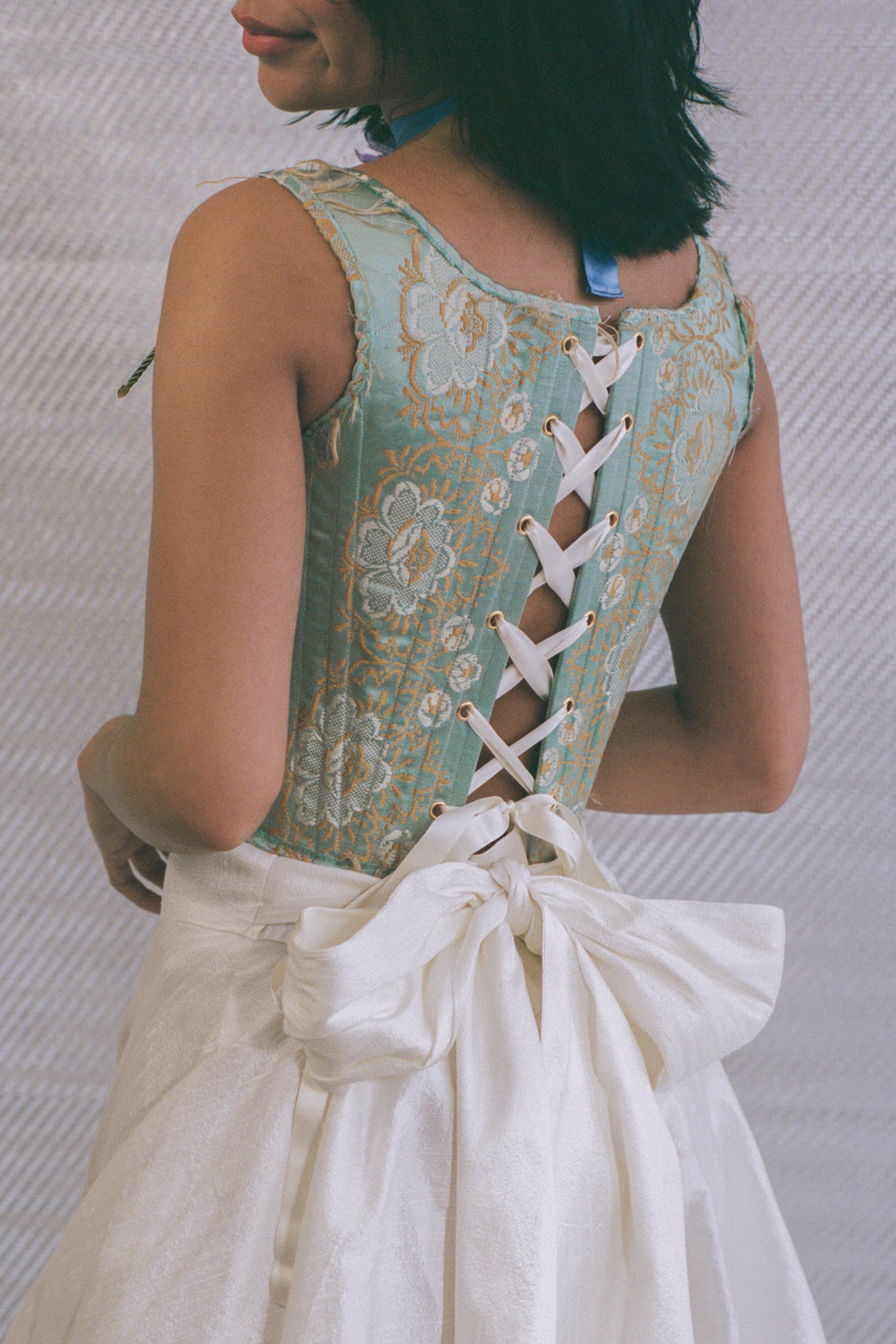 italian brocade pink silk bow romantic corset