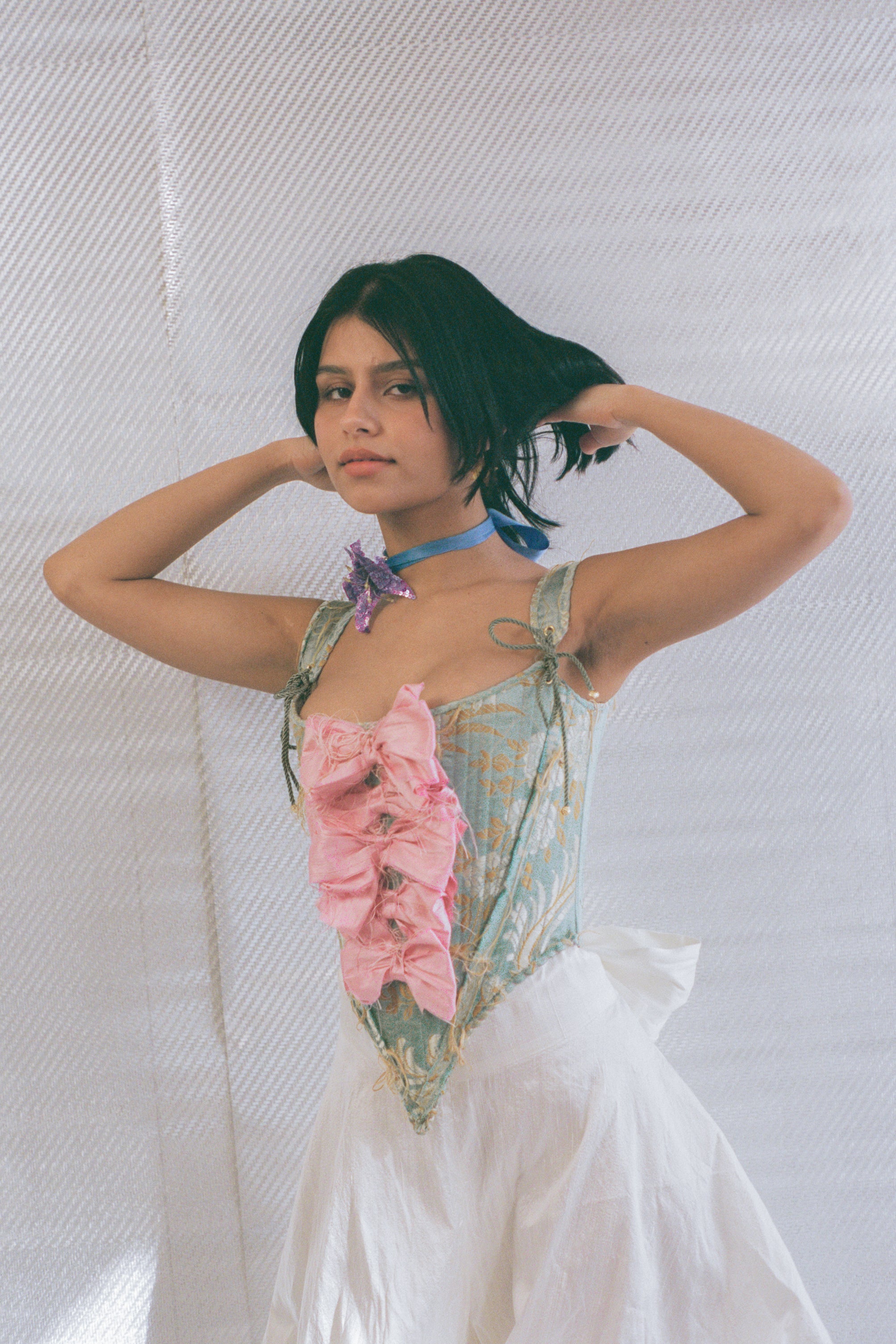 italian brocade pink silk bow romantic corset