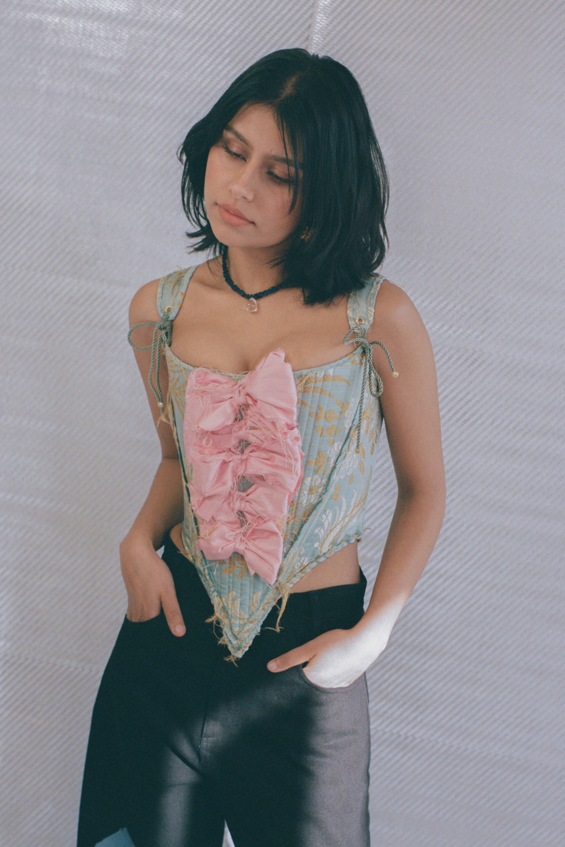 italian brocade pink silk bow romantic corset