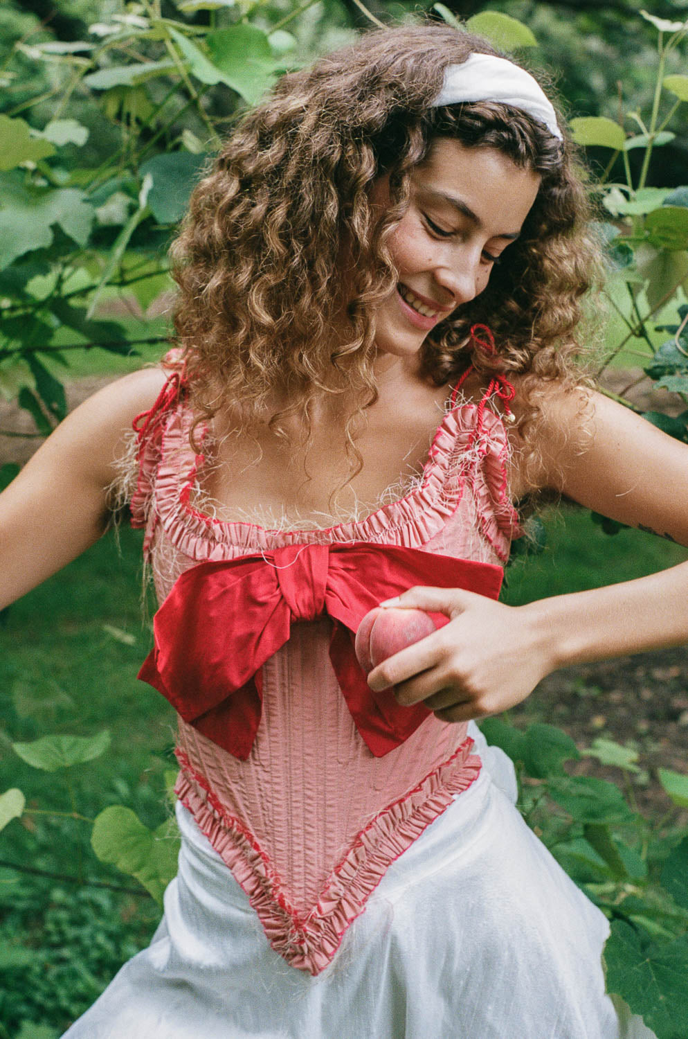 romantic pink red silk opera corset with bow