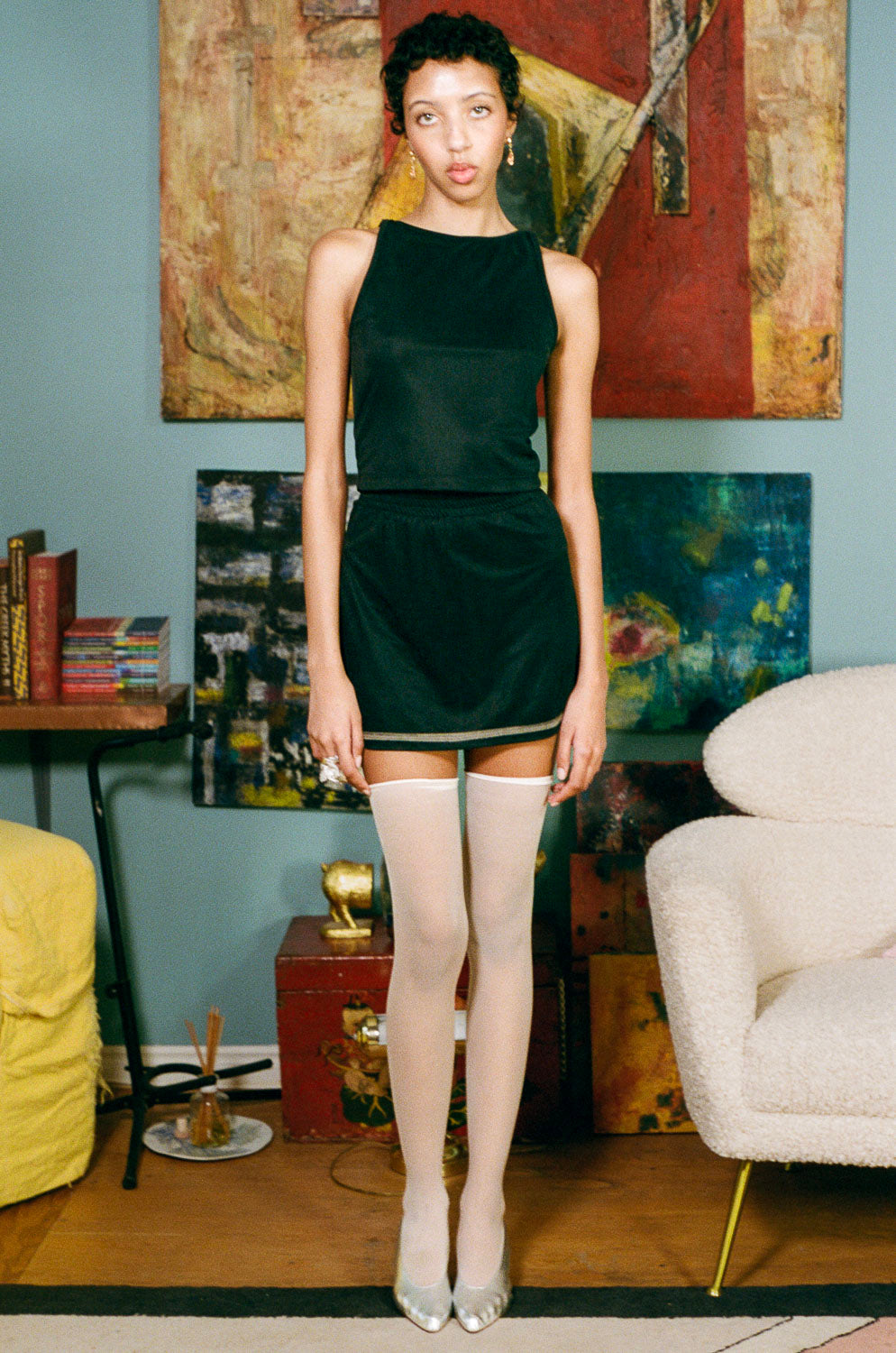 off black cupro polyester slinky skort