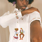 cotton embroidered dancing figures fitted zip up shirt
