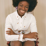 cotton embroidered dancing figures fitted zip up shirt