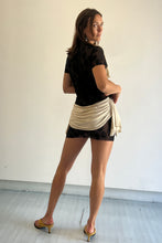 Load image into Gallery viewer, black polyester lace ecru lyocell drape mini dress