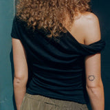 black cupro fitted off shoulder twist top