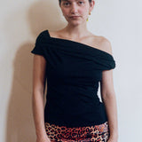 black cupro fitted off shoulder twist top