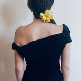 black cupro fitted off shoulder twist top