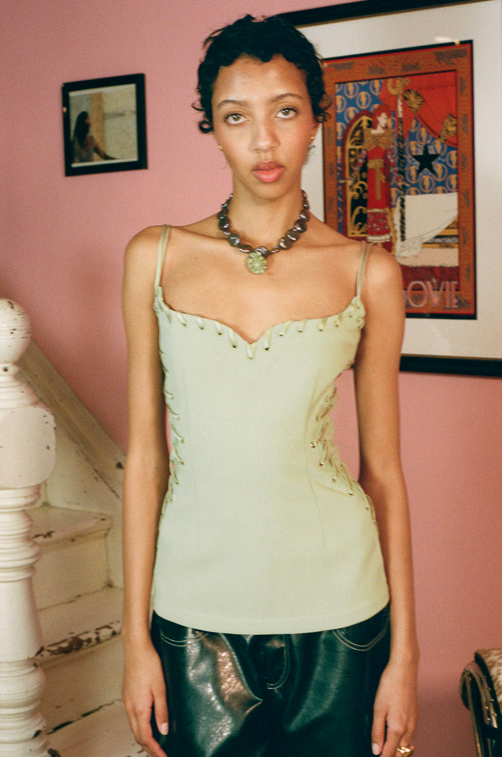 sage recycled polyester spaghetti strap corset top