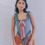 romantic blue silk opera corset with pink bow