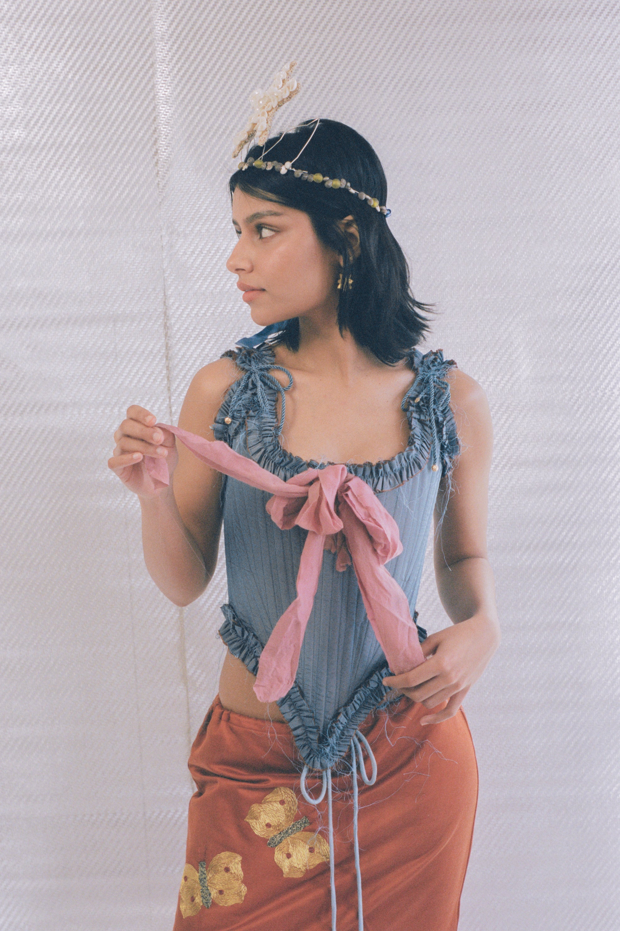 romantic blue silk opera corset with pink bow