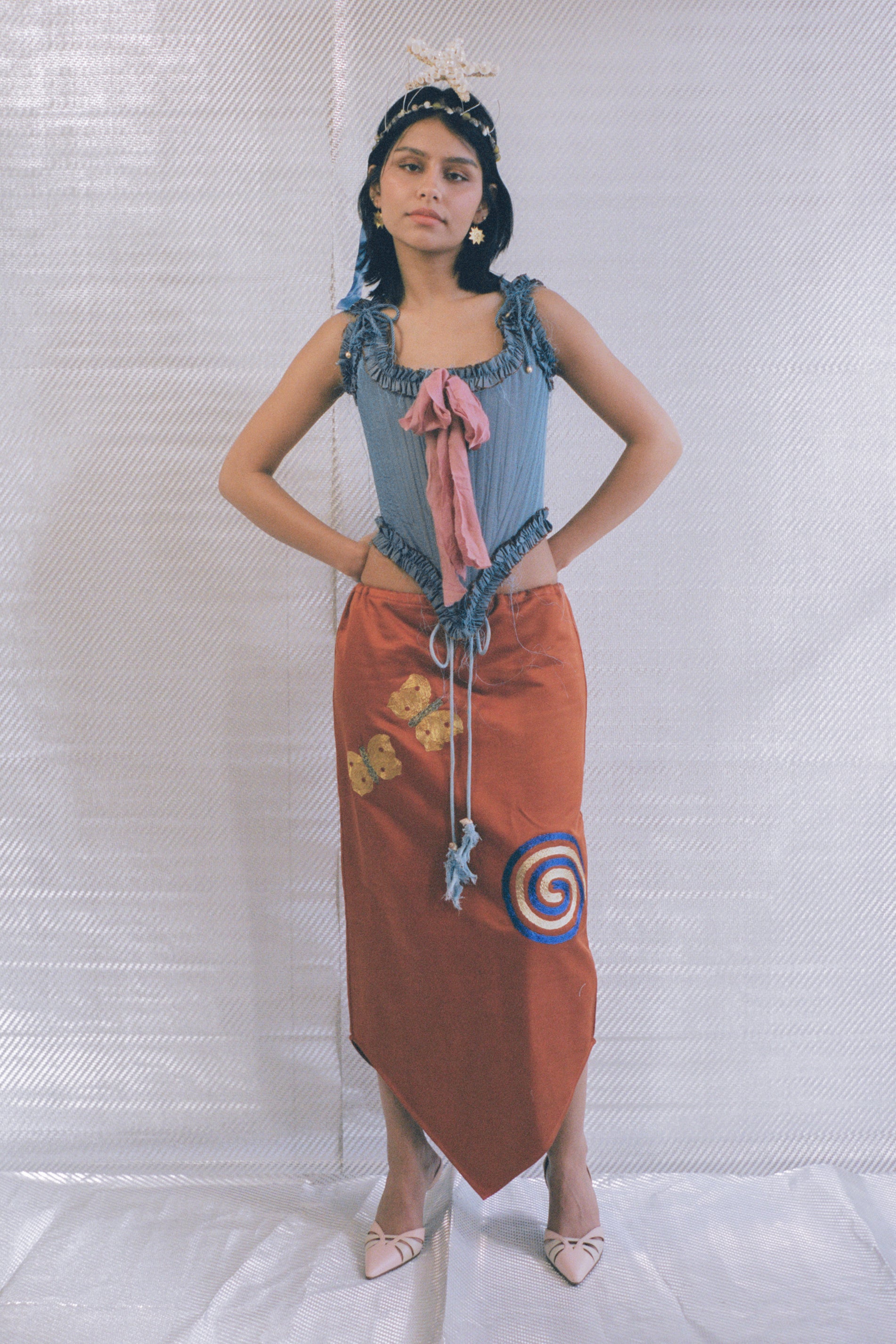 romantic blue silk opera corset with pink bow