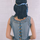 romantic blue silk opera corset with pink bow