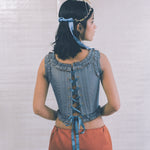 romantic blue silk opera corset with pink bow