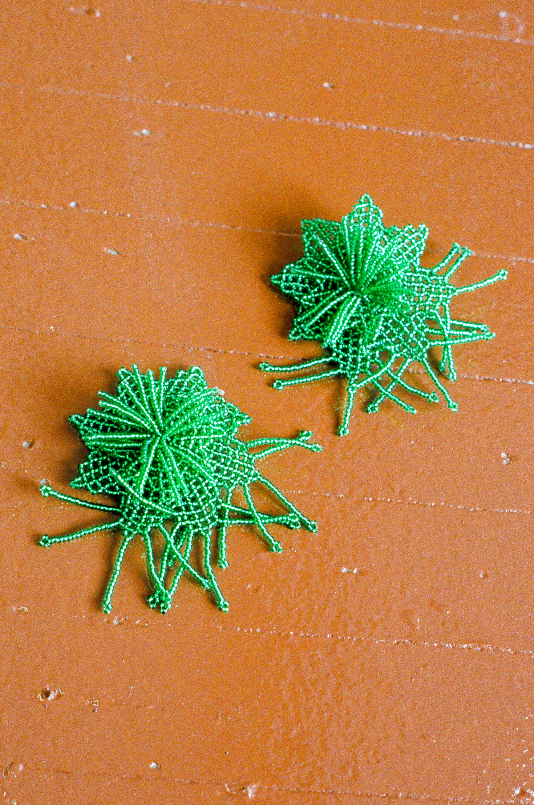 green large flower glass beaded statement earrings