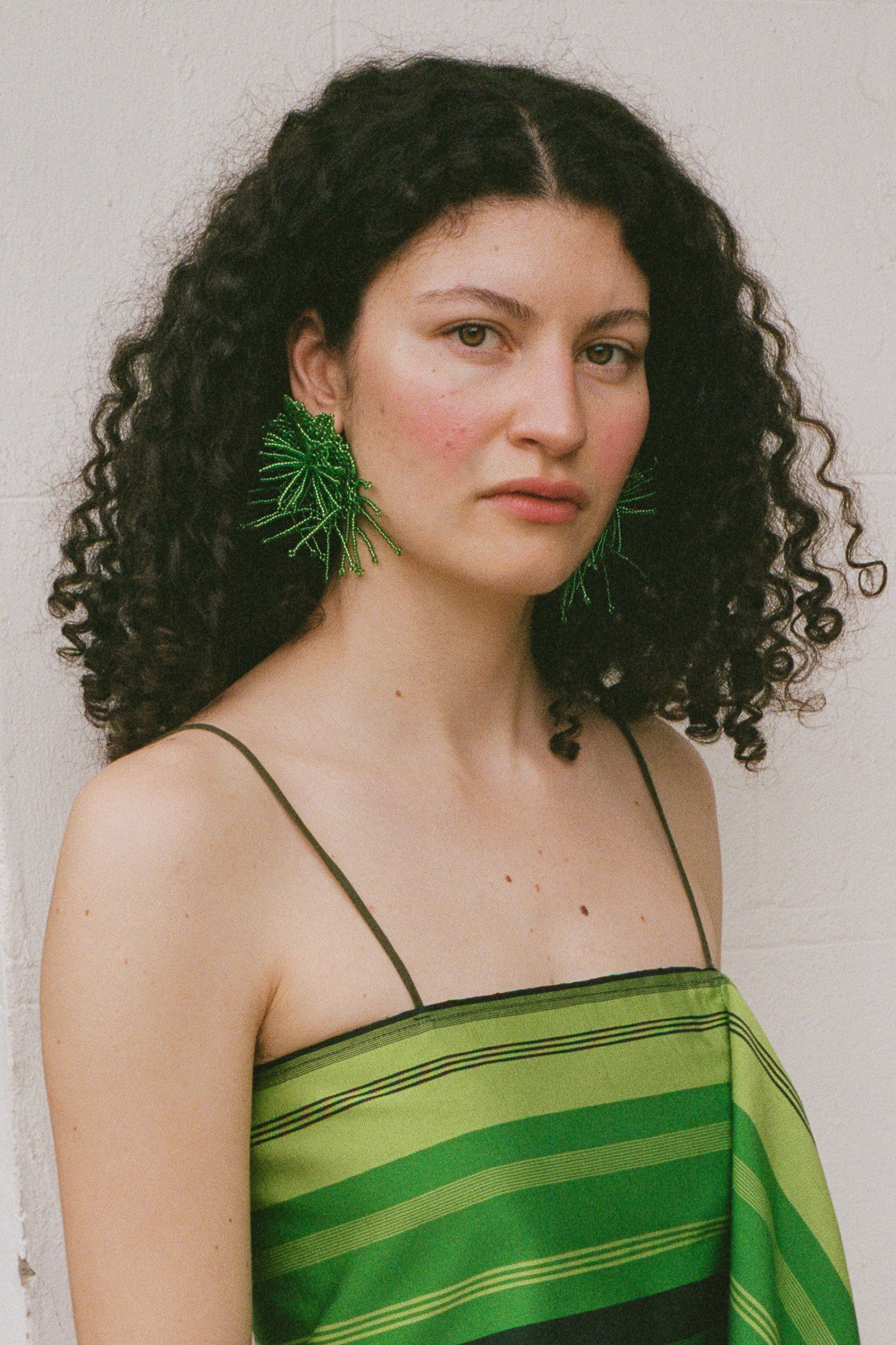 green large flower glass beaded statement earrings