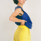 yellow silk taffeta fitted cigarette sailor pant