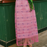 pink cotton fringe midi skirt blue roses