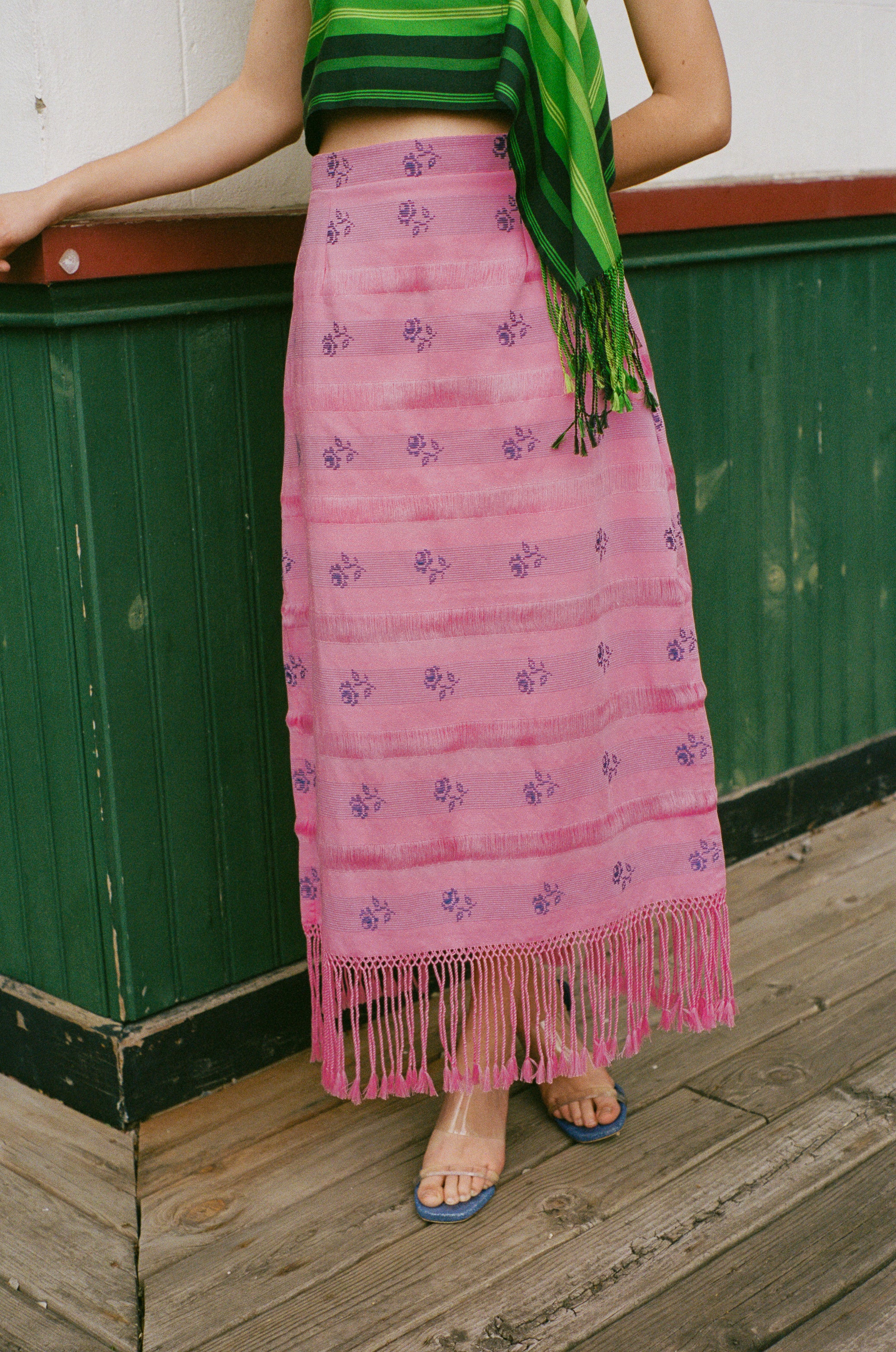 pink cotton fringe midi skirt blue roses