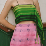 pink cotton fringe midi skirt blue roses