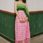 pink cotton fringe midi skirt blue roses