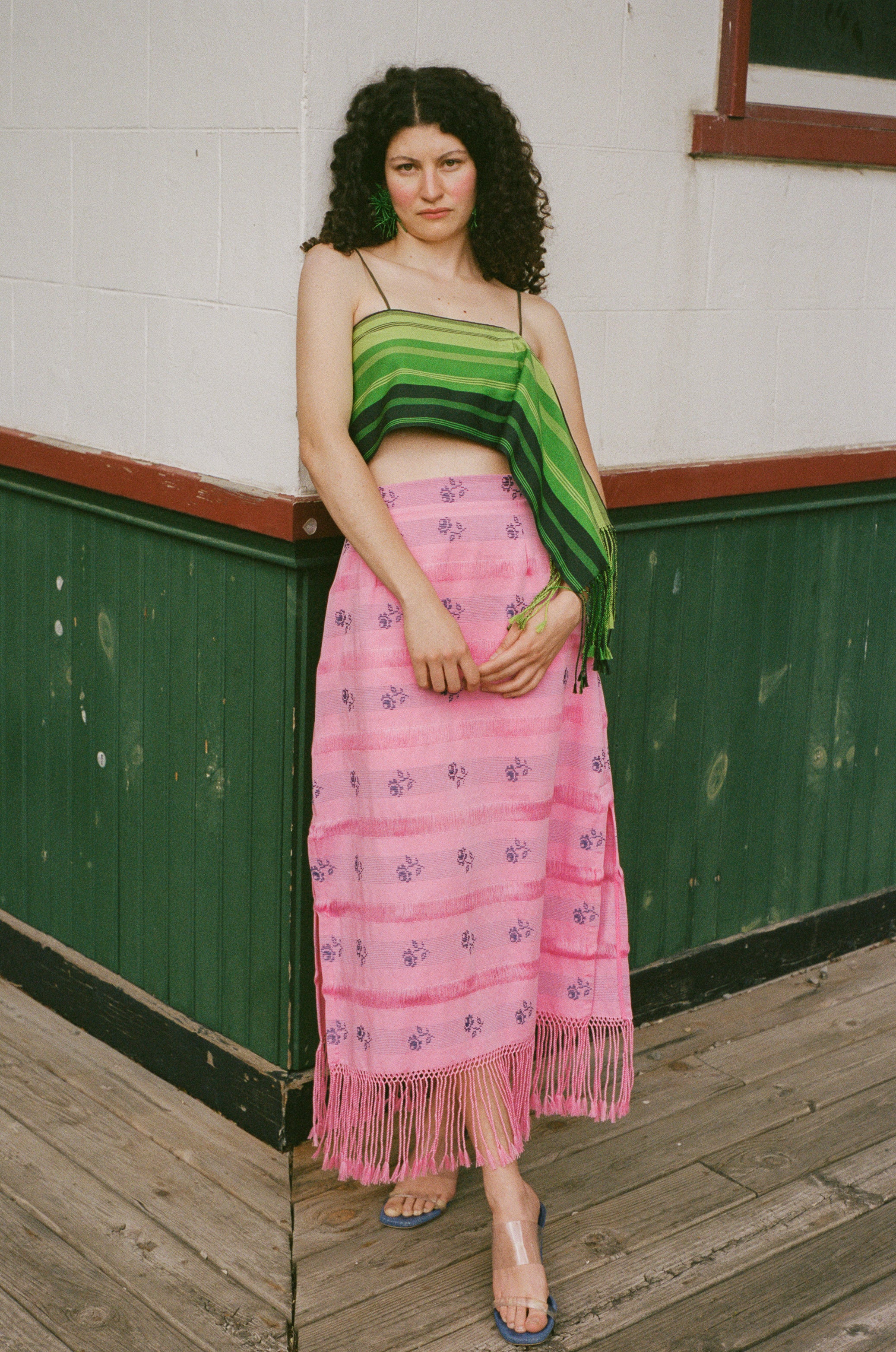 pink cotton fringe midi skirt blue roses