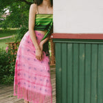 pink cotton fringe midi skirt blue roses