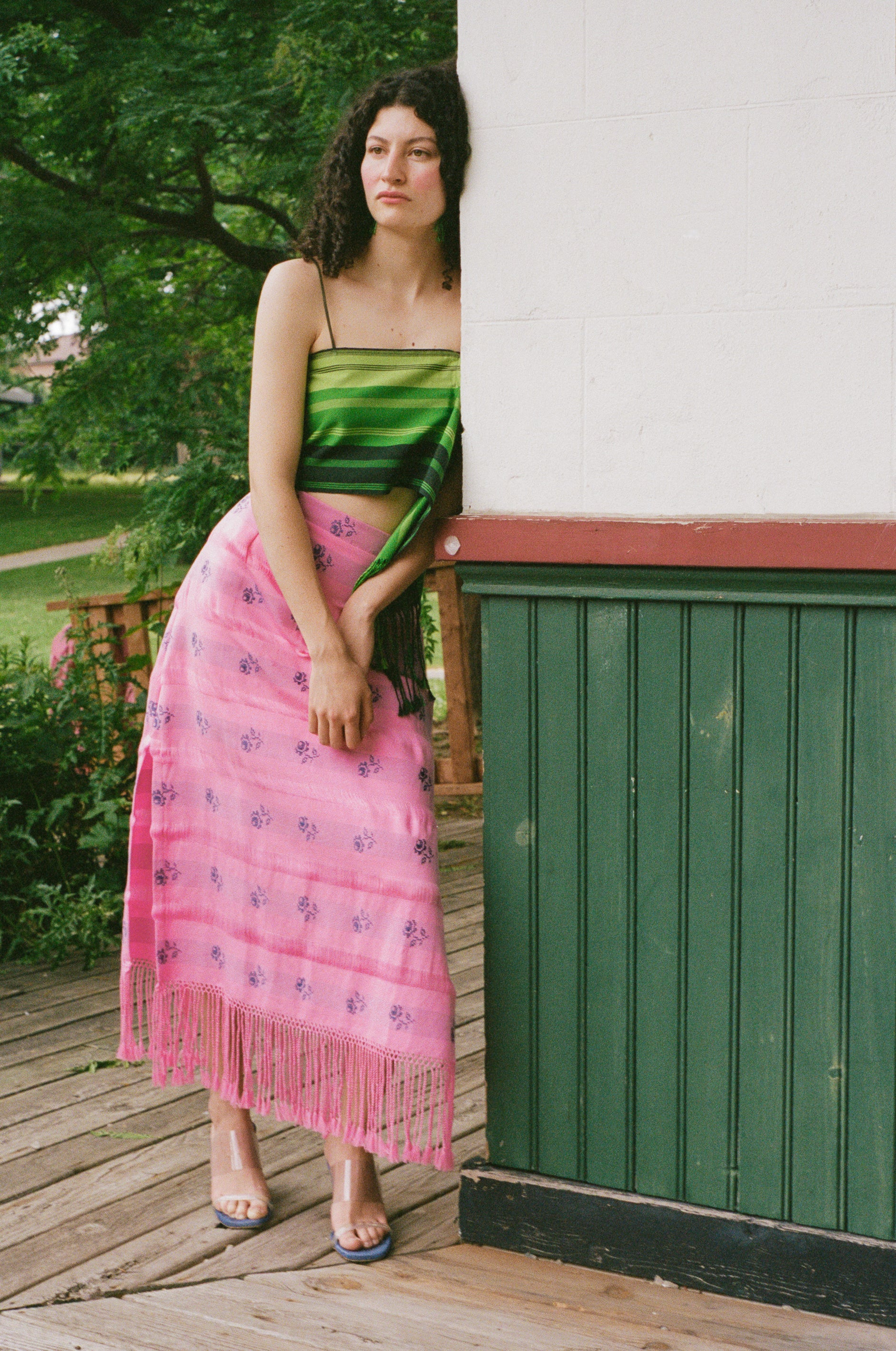 pink cotton fringe midi skirt blue roses