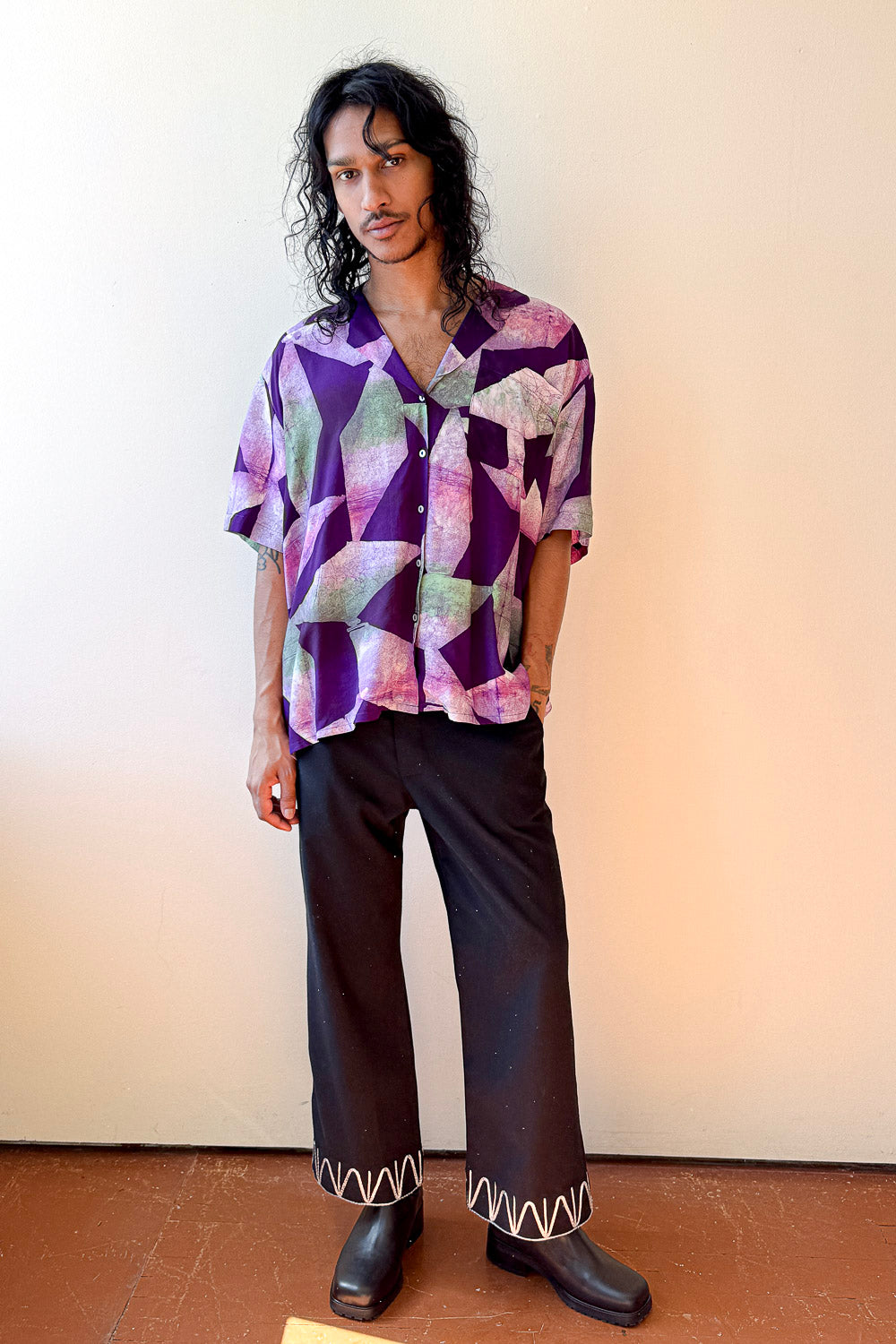 purple hand batik rayon Hawaiian short sleeve shirt