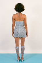 Load image into Gallery viewer, blue cotton mirrorwork beaded bell halter mini dress