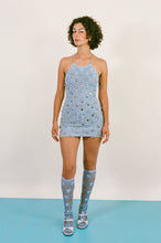 Load image into Gallery viewer, blue cotton mirrorwork beaded bell halter mini dress